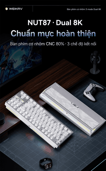 Weikav NUT87 Dual 8K – Bàn phím cơ nhôm CNC 80%, 3 mode, pin 10.000 mAh