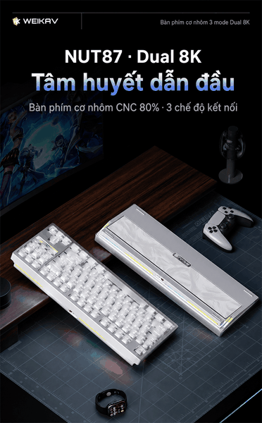Weikav NUT87 Dual 8K – Bàn phím cơ nhôm CNC 80%, 3 mode, pin 10.000 mAh