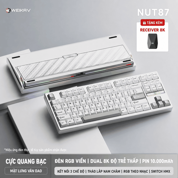 Weikav NUT87 Dual 8K – Bàn phím cơ nhôm CNC 80%, 3 mode, pin 10.000 mAh