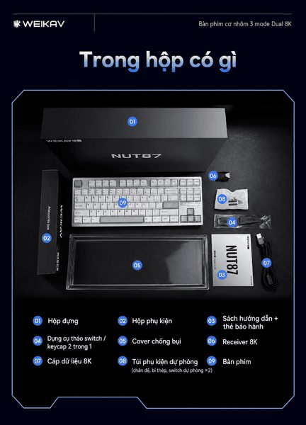 Weikav NUT87 Dual 8K – Bàn phím cơ nhôm CNC 80%, 3 mode, pin 10.000 mAh