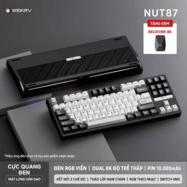Weikav NUT87 Dual 8K – Bàn phím cơ nhôm CNC 80%, 3 mode, pin 10.000 mAh