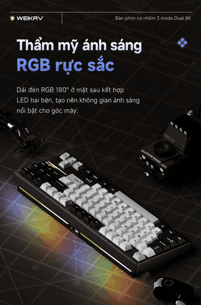 Weikav NUT87 Dual 8K – Bàn phím cơ nhôm CNC 80%, 3 mode, pin 10.000 mAh
