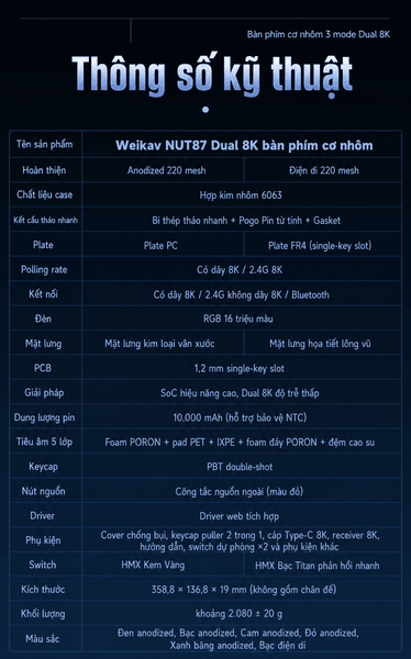 Weikav NUT87 Dual 8K – Bàn phím cơ nhôm CNC 80%, 3 mode, pin 10.000 mAh