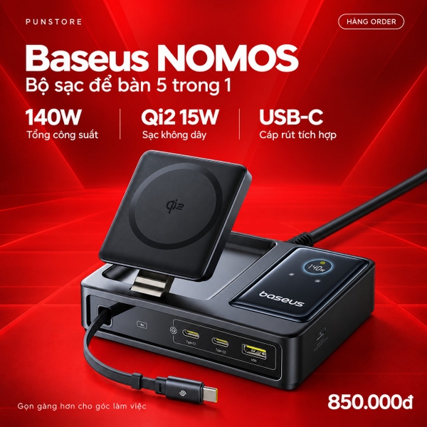 [ORDER] Bộ sạc để bàn Baseus NOMOS 5-in-1 140W Qi2 15W