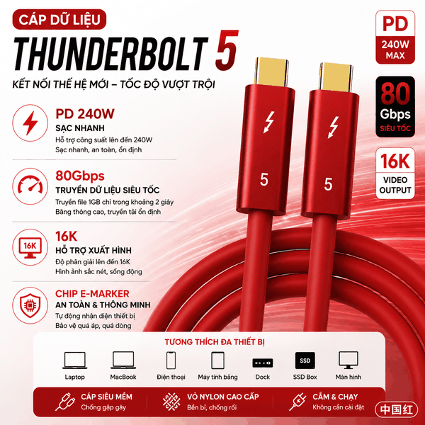 Cáp Thunderbolt 5 80Gbps PD240W Hỗ Trợ Xuất Hình 16K Chính Hãng