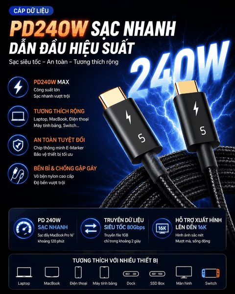 Cáp Thunderbolt 5 80Gbps PD240W Hỗ Trợ Xuất Hình 16K Chính Hãng