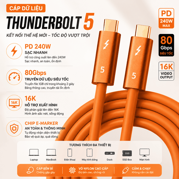 Cáp Thunderbolt 5 80Gbps PD240W Hỗ Trợ Xuất Hình 16K Chính Hãng