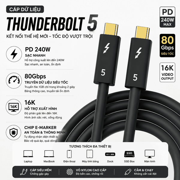 Cáp Thunderbolt 5 80Gbps PD240W Hỗ Trợ Xuất Hình 16K Chính Hãng