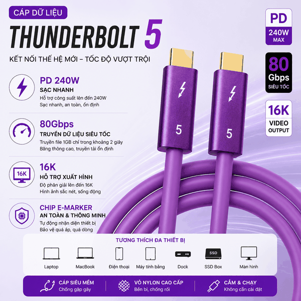 Cáp Thunderbolt 5 80Gbps PD240W Hỗ Trợ Xuất Hình 16K Chính Hãng