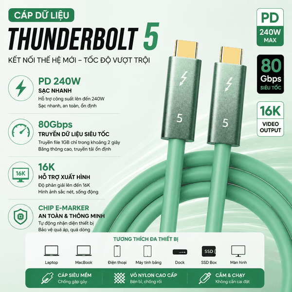 Cáp Thunderbolt 5 80Gbps PD240W Hỗ Trợ Xuất Hình 16K Chính Hãng