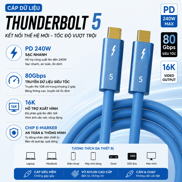 Cáp Thunderbolt 5 80Gbps PD240W Hỗ Trợ Xuất Hình 16K Chính Hãng