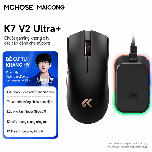 Chuột Gaming Không Dây MCHOSE K7 V2 Ultra+ | PAW3955 TI – Dual 8K – Dock Sạc RGB
