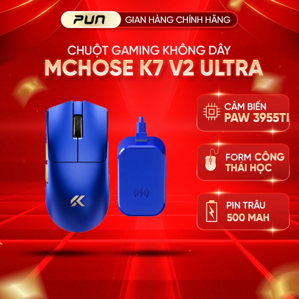 Chuột Gaming Không Dây MCHOSE K7 V2 Ultra+ | PAW3955 TI – Dual 8K – Dock Sạc RGB