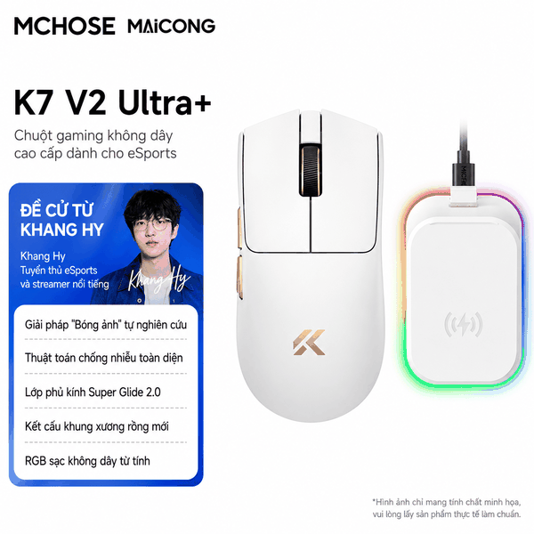 Chuột Gaming Không Dây MCHOSE K7 V2 Ultra+ | PAW3955 TI – Dual 8K – Dock Sạc RGB