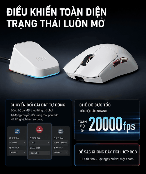 Chuột Gaming Không Dây MCHOSE K7 V2 Ultra+ | PAW3955 TI – Dual 8K – Dock Sạc RGB