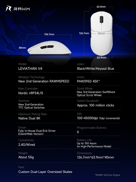 Chuột không dây Gaming RAWM Leviathan V4 Wireless Esports Mouse 2.4G/Wired Connection 55g PAW3950 45K 150H