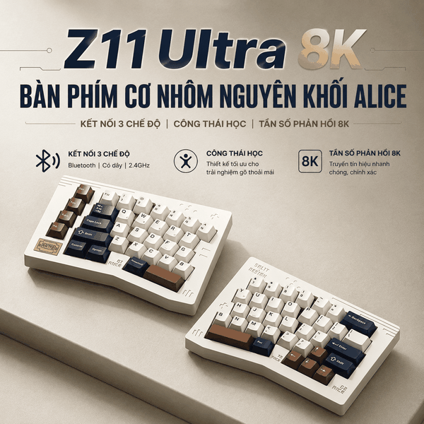 Keychron Z11 Ultra 8K - Bàn Phím Cơ Alice Tách Đôi CNC Nhôm Nguyên Khối | 3 Chế Độ Kết Nối | Wireless 8K Polling Rate