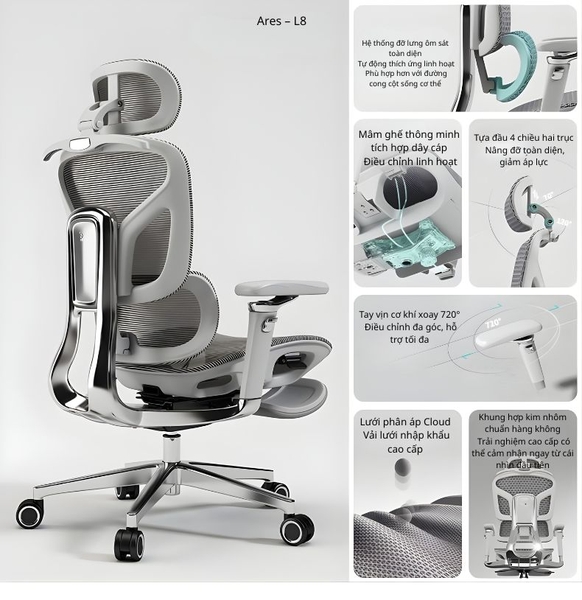 [PRE ORDER] Ghế Công Thái Học  Saigu L6  | L8 – Khung Hợp Kim Nhôm Hàng Không, Tay Vịn 720°, Lưới Cloud Kháng Khuẩn, Có Gác Chân