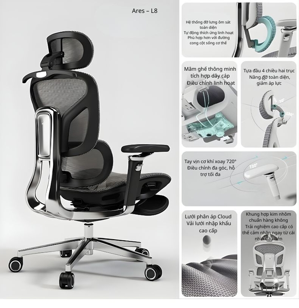 [PRE ORDER] Ghế Công Thái Học  Saigu L6  | L8 – Khung Hợp Kim Nhôm Hàng Không, Tay Vịn 720°, Lưới Cloud Kháng Khuẩn, Có Gác Chân