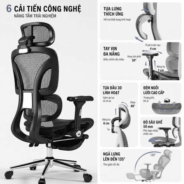 Ghế Công Thái Học SG-026 Cao Cấp – Tựa Lưng Thông Minh, Tay Vịn Đa Hướng, Ngả 135°