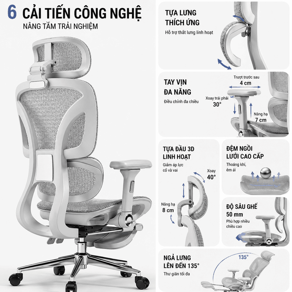 Ghế Công Thái Học SG-026 Cao Cấp – Tựa Lưng Thông Minh, Tay Vịn Đa Hướng, Ngả 135°