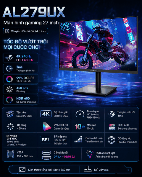 Màn hình Đồ họa & Gaming Tuoshuo AL279UX 27 inch | Nano IPS Black | Dual Mode (4K-240Hz / FHD-480Hz) | 1ms | HDR600