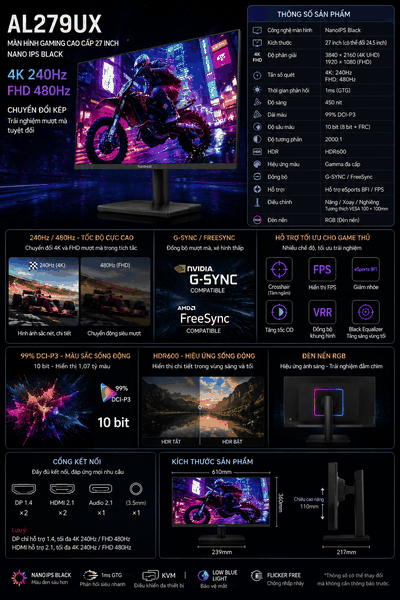 Màn hình Đồ họa & Gaming Tuoshuo AL279UX 27 inch | Nano IPS Black | Dual Mode (4K-240Hz / FHD-480Hz) | 1ms | HDR600
