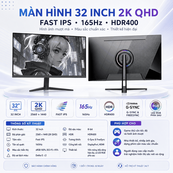 Màn Hình Gaming Tuoshuo AL326Q – 32 Inch | 2K QHD | 165Hz | Fast IPS | HDR400 | DCI-P3 95%
