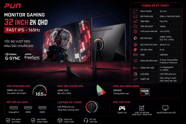 Màn Hình Gaming Tuoshuo AL326Q – 32 Inch | 2K QHD | 165Hz | Fast IPS | HDR400 | DCI-P3 95%