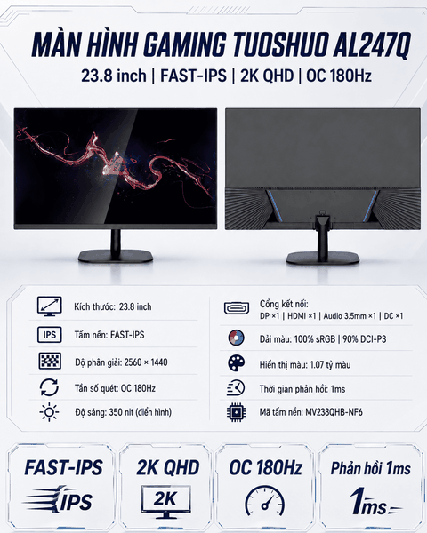 Màn Hình Gaming Tuoshuo AL247Q 23.8 Inch 2K 180Hz Fast IPS | 1ms, 100% sRGB, Chính Hãng