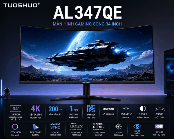 Màn Hình Gaming Tuoshuo AL347QE 34 Inch 4K 200Hz Fast IPS Cong 1900R HDR400 Màn hình gaming siêu rộng dành cho game thủ hiện