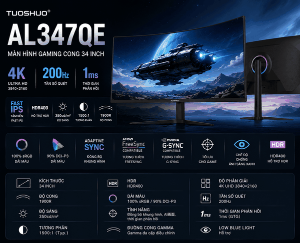 Màn Hình Gaming Tuoshuo AL347QE 34 Inch 4K 200Hz Fast IPS Cong 1900R HDR400 Màn hình gaming siêu rộng dành cho game thủ hiện