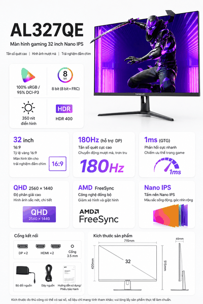 AL327QE – Màn Hình 32 Inch Nano IPS 2K 180Hz HDR400 | Chuẩn Màu 95% DCI-P3
