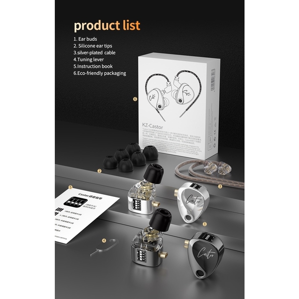 Tai nghe KZ Castor | 2 Driver Dynamic | 16 Kiểu tùy chỉnh âm thanh (Sliver/Black)
