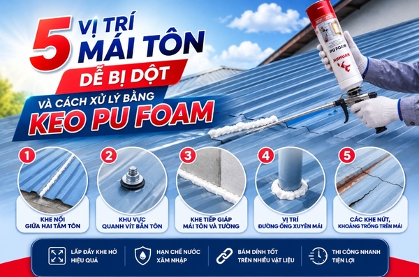 5 vị trí mái tôn dễ bị dột và cách xử lý bằng keo PU Foam