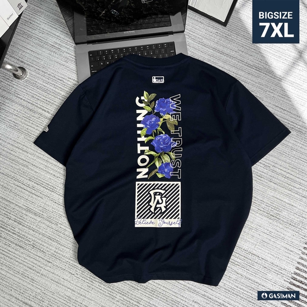 Áo Thun GASI Xanh Đen In Hoa Hồng Xanh