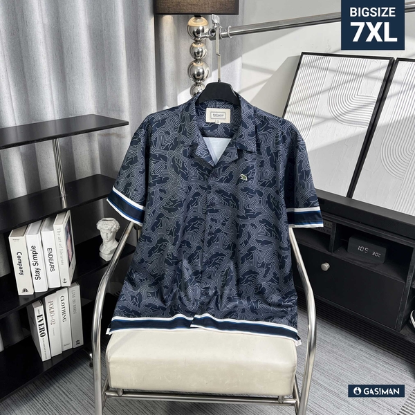 Sơ Mi Cuban Lụa Băng Họa Tiết Monobear Xanh Đen