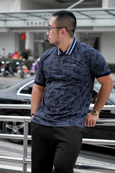 Áo Polo Big size Họa tiết Gấu phối Bo màu Xanh đen