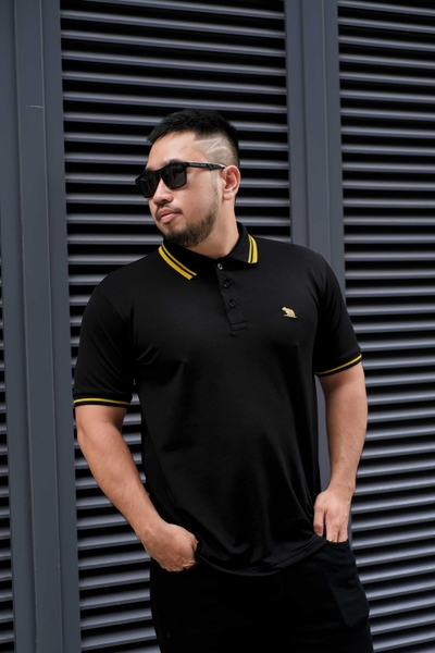 Áo Polo Đen In Nhũ Vàng Cổ Phối Sọc