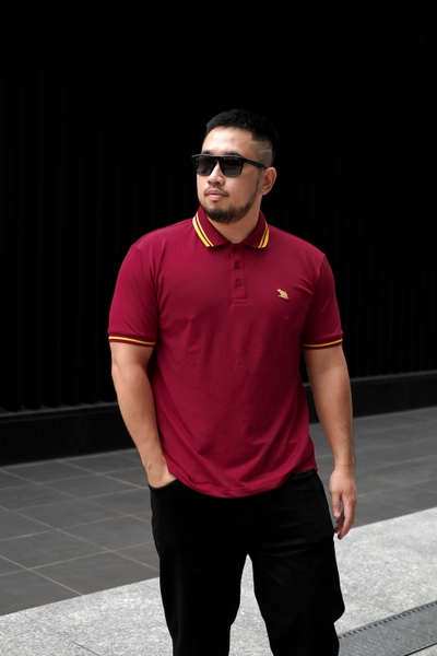 Áo Polo Đỏ Đô In Nhũ Vàng Cổ Phối Sọc