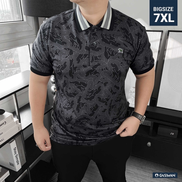 Áo Polo Big size Họa tiết Gấu Phối Bo màu Đen