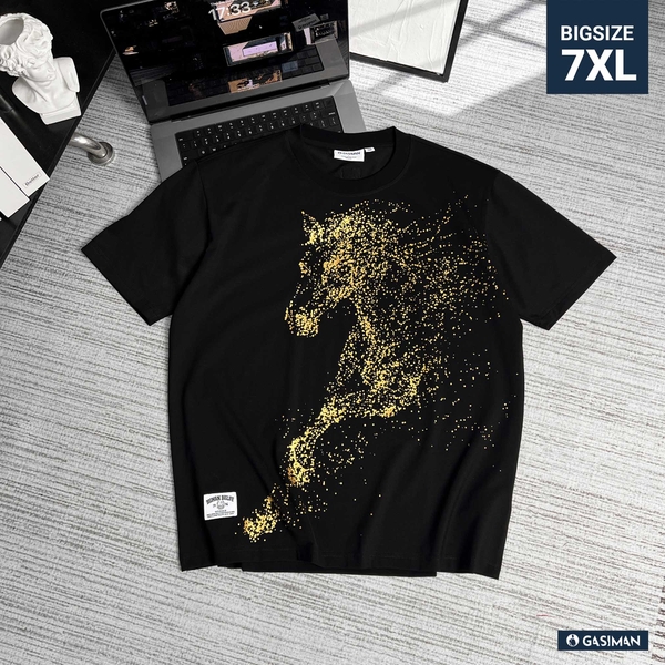 Áo Thun GASI Đen In Ngựa Bay Nhũ Vàng