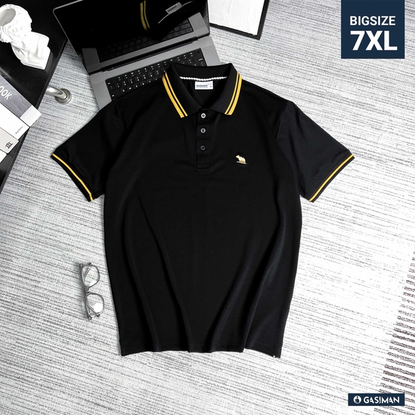 Áo Polo Đen In Nhũ Vàng Cổ Phối Sọc