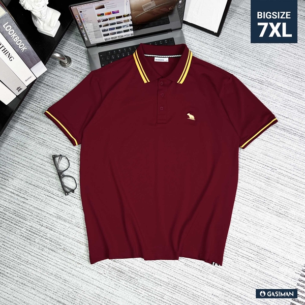 Áo Polo Đỏ Đô In Nhũ Vàng Cổ Phối Sọc