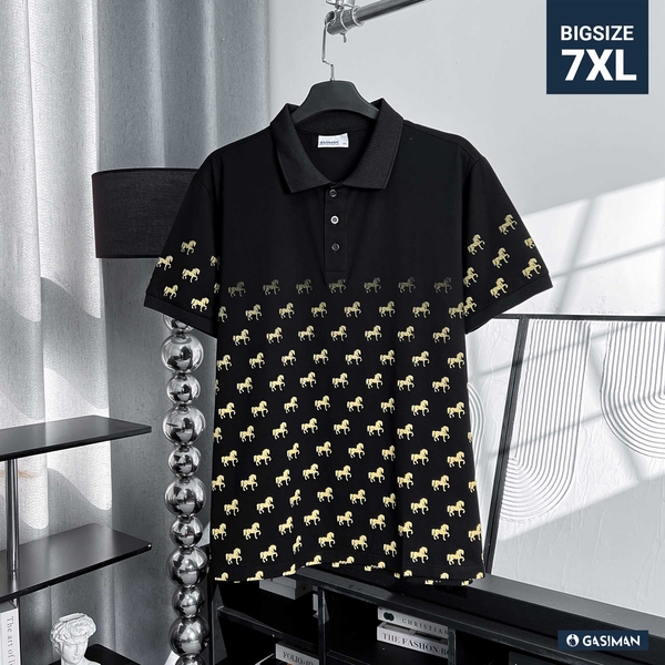 Áo Polo Cotton Đen In Trame Ngựa Vàng