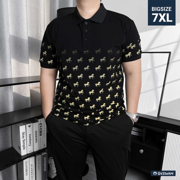 Áo Polo Cotton Đen In Trame Ngựa Vàng