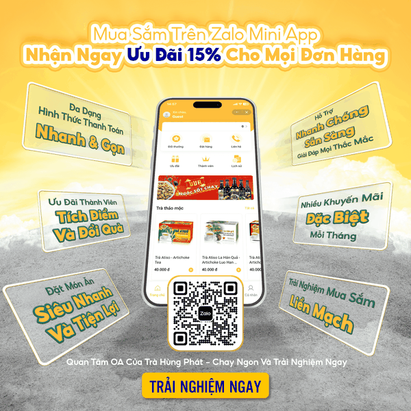 Mua sắm trên Zalo Mini App Trà Hùng Phát - Chay Ngon để nhận ưu đãi 15% cho mọi đơn hàng