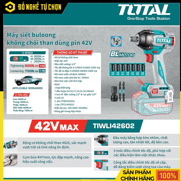 Máy Siết Bulong Không Chổi Than Dùng Pin 42V Total TIWLI42602 (Kèm 02 Pin + 01 Sạc)