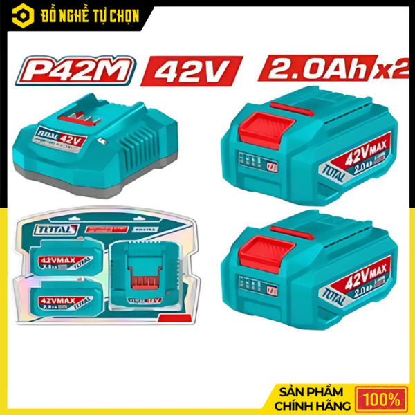 Bộ 2 Pin 42V 2.0Ah + 1 Sạc Total TFBCPM20221 – Pin Lithium-ion – Sạc Nhanh 2A – Hàng Chính Hãng Có VAT
