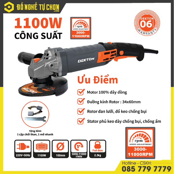Máy mài đá cầm tay hiệu DEKTON, dụng cụ cầm tay hoạt động bằng động cơ điện, model DK-AG1100LH